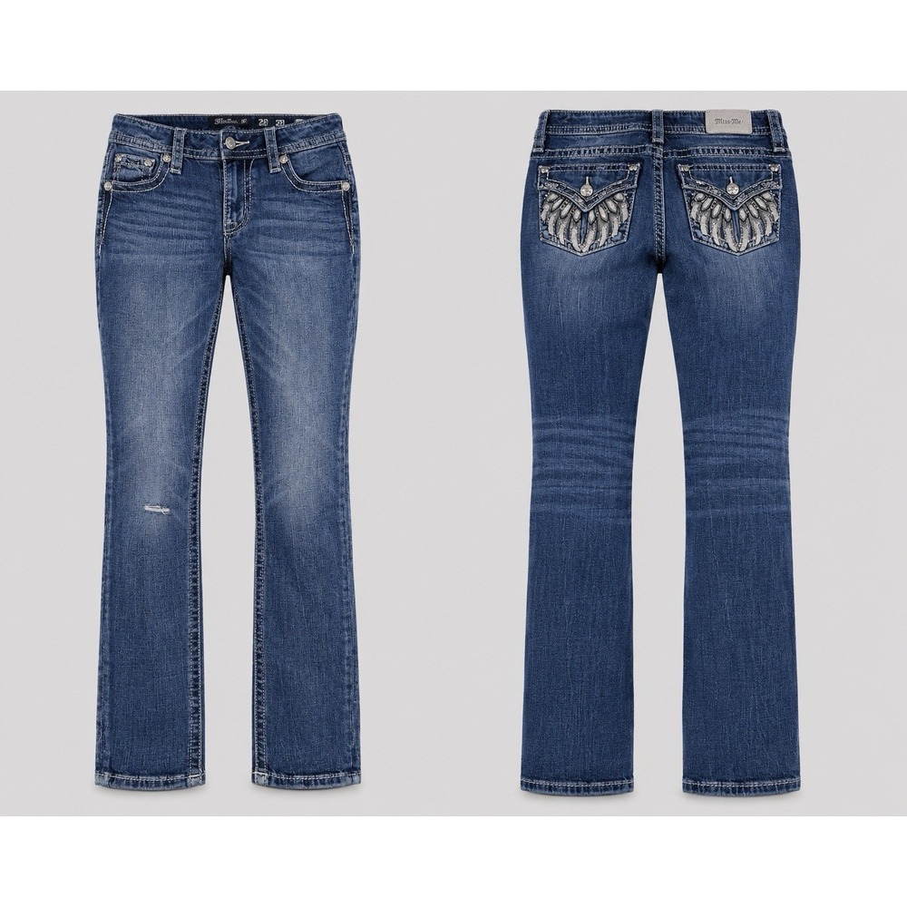 Miss Me JEAN WOMEN 29 Rhinestone ANGEL WINGS CURVY SKINNY LOW Rise Bling DARK